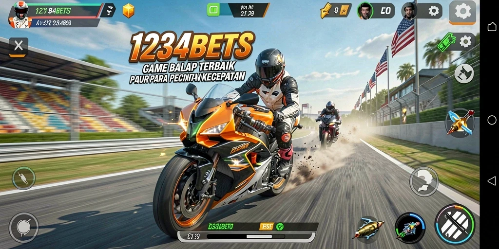 Screenshot utama 1234BETS menampilkan balapan seru di lintasan yang menantang.