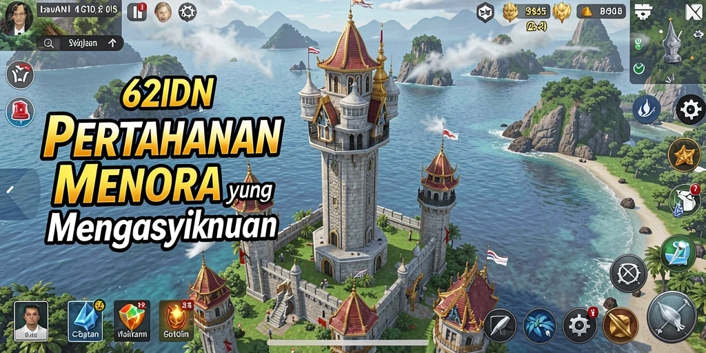 Screenshot gameplay 62IDN menampilkan menara dan musuh yang beragam.