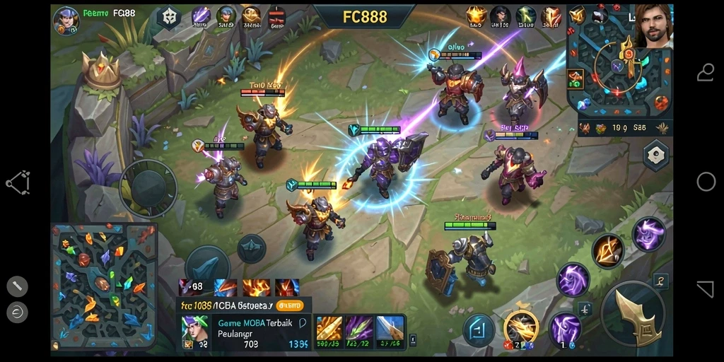 Screenshot gameplay FC888 yang menampilkan aksi epik dalam pertempuran MOBA.