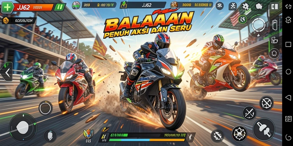 Screenshot JJ62 menampilkan kendaraan cepat dan trek balapan yang menantang.