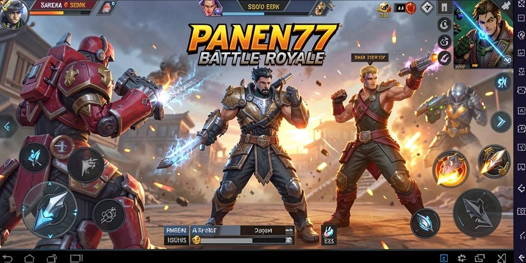 Screenshot gameplay <strong>PANEN77</strong> menampilkan aksi pertarungan yang intens dalam arena Battle Royale.
