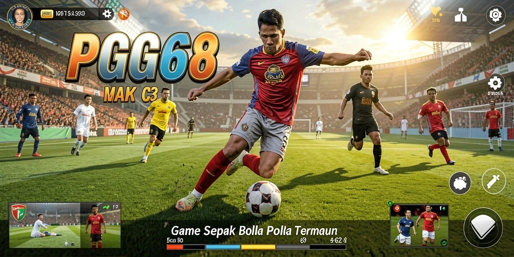 Tangkapan layar permainan PGG68 menampilkan aksi seru di lapangan sepak bola.