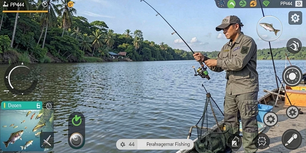 Screenshot gameplay PP444 menampilkan suasana memancing yang menegangkan dan menarik.