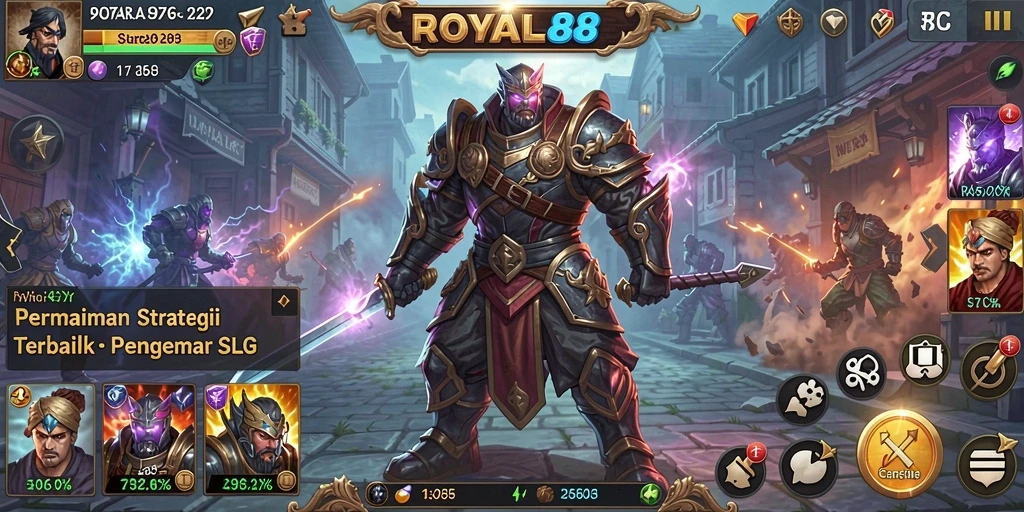 Tampilan gameplay mendebarkan dari ROYAL88 saat membangun kerajaan dan bertempur.
