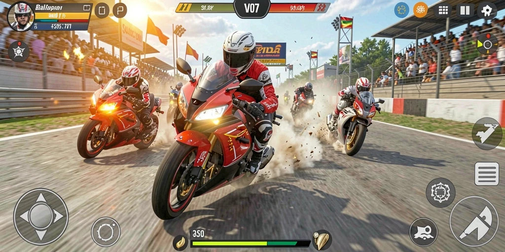 Tampilan gameplay menegangkan di V07 dengan berbagai motor balap.