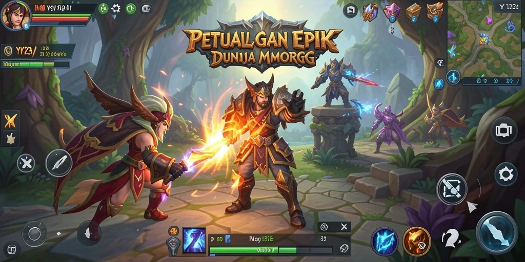 Screenshot gameplay YY123 menampilkan pertempuran seru di dunia MMORPG.